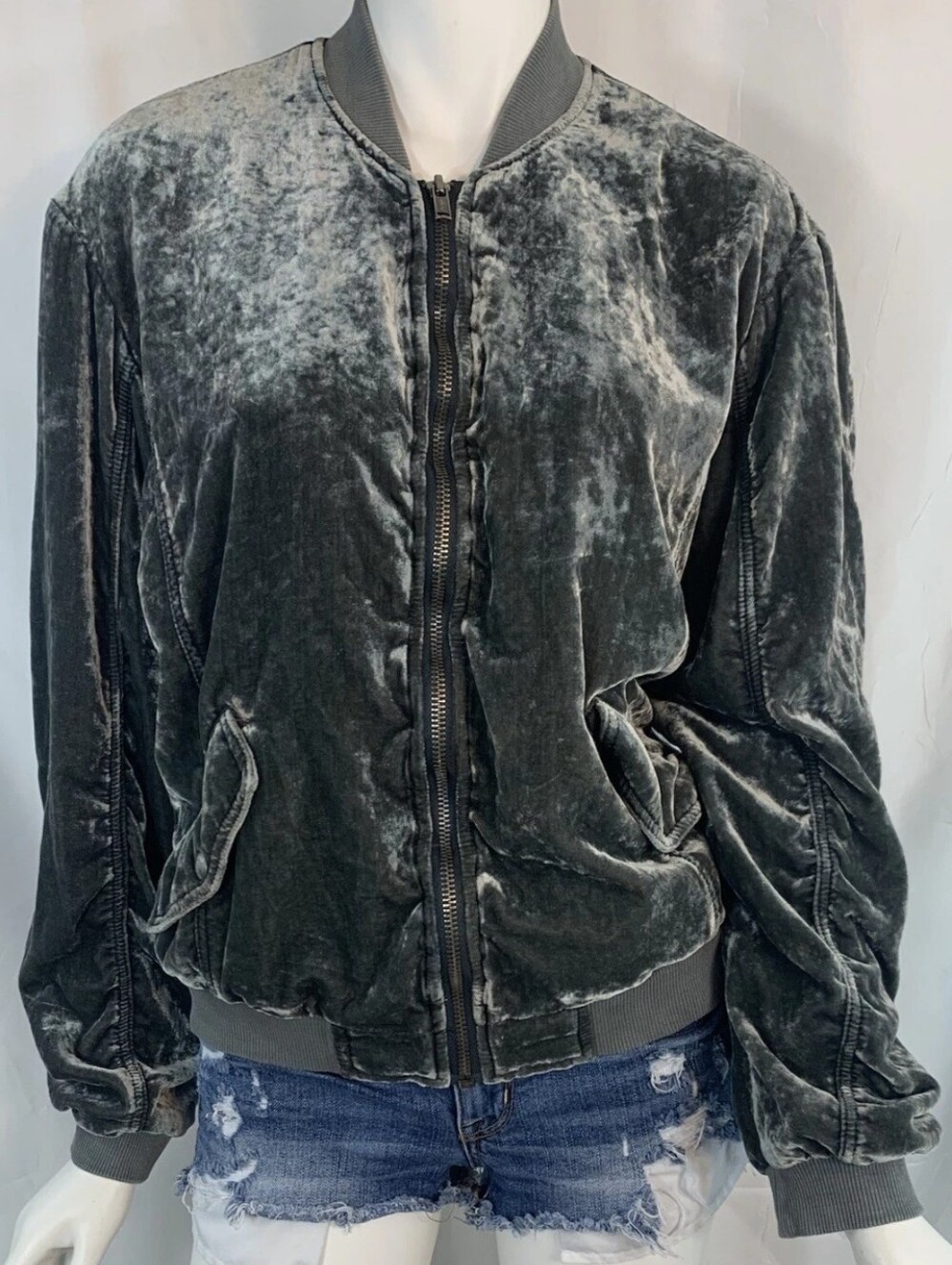 Free People Crushed Velvet Ruched Bomber Jacket Fullzip\pockets Grey Small 🩶